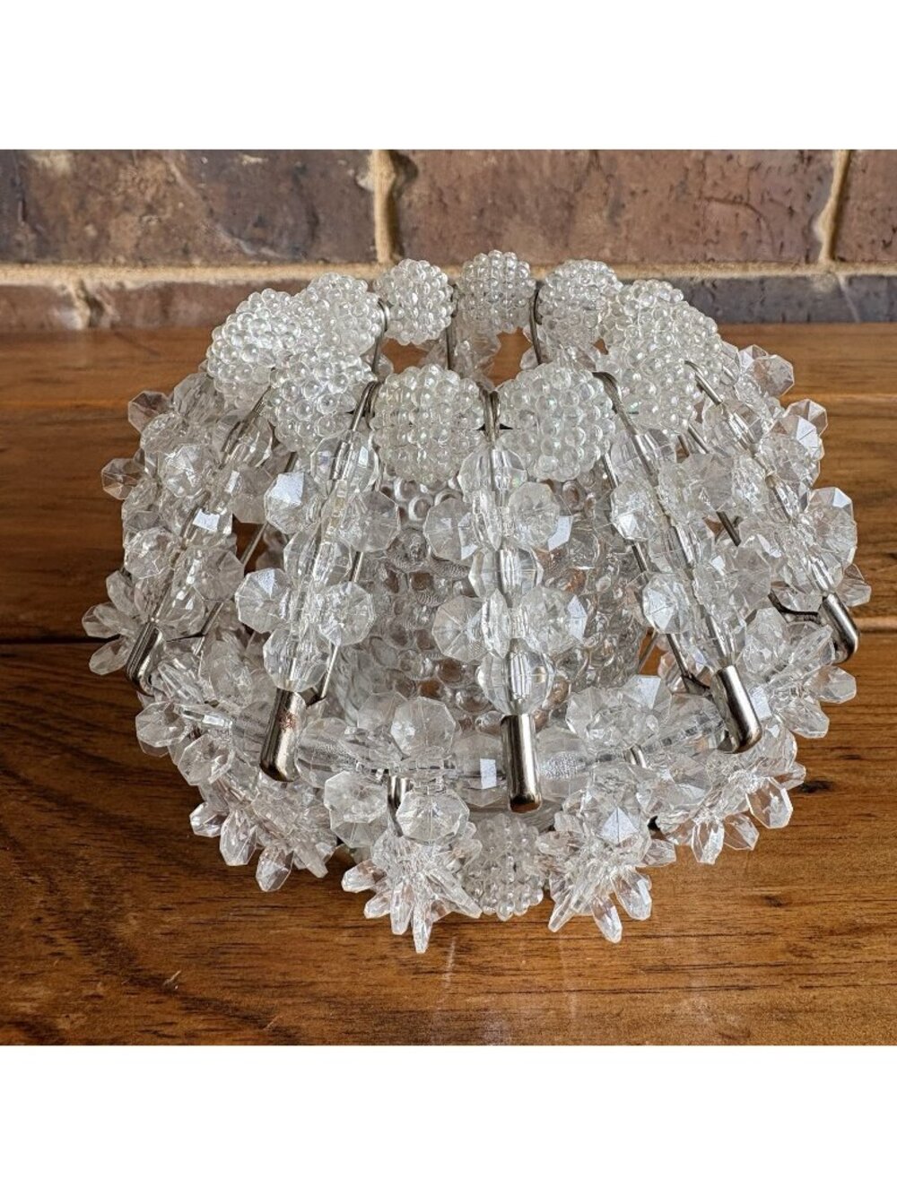 Vtg Handmade Safety Pin Clear  Beaded Votive Tealight Candle Holder